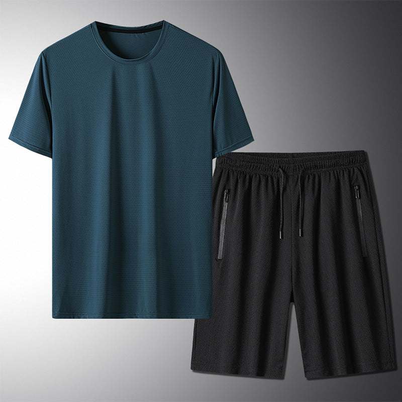 Outdoor Summer Short-sleeved Suit Male Ice Silk T-shirt Five-point Pants Sports Shorts Men's Breathable Short Set Two-piece Tide Enfom Clothing