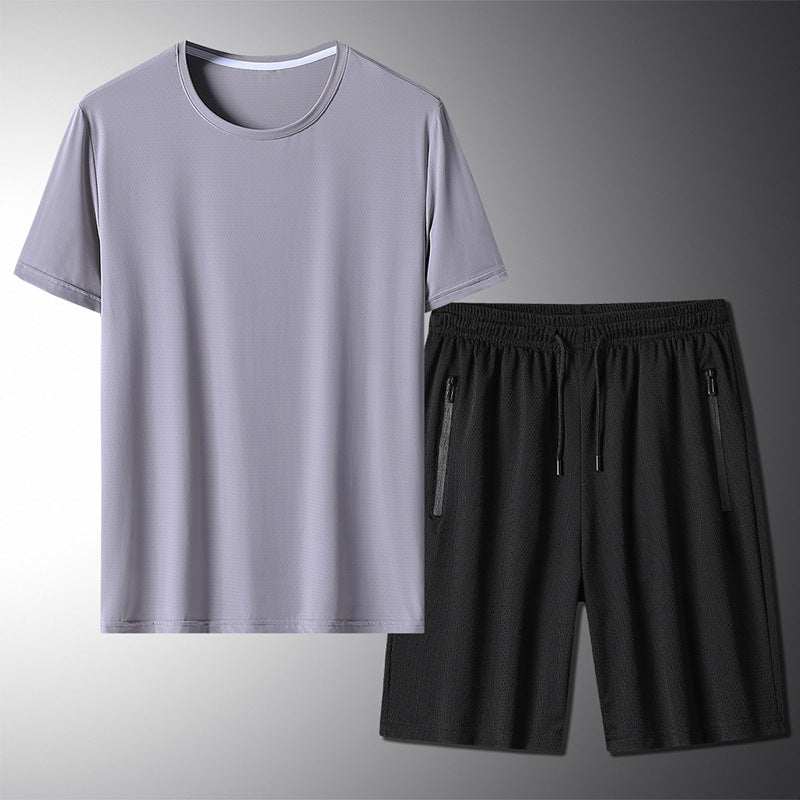 Outdoor Summer Short-sleeved Suit Male Ice Silk T-shirt Five-point Pants Sports Shorts Men's Breathable Short Set Two-piece Tide Enfom Clothing