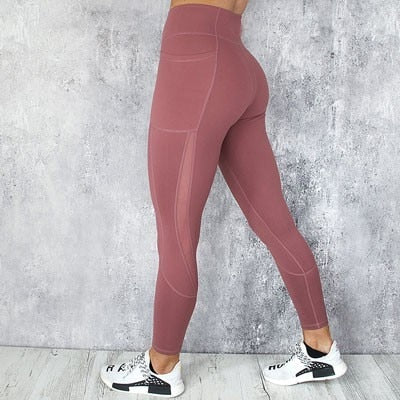 Pocket Solid Sport Yoga Pants High Waist Mesh Sport Leggings Fitness Women Yoga Leggings Training Running Pants Sportswear Women Enfom Clothing
