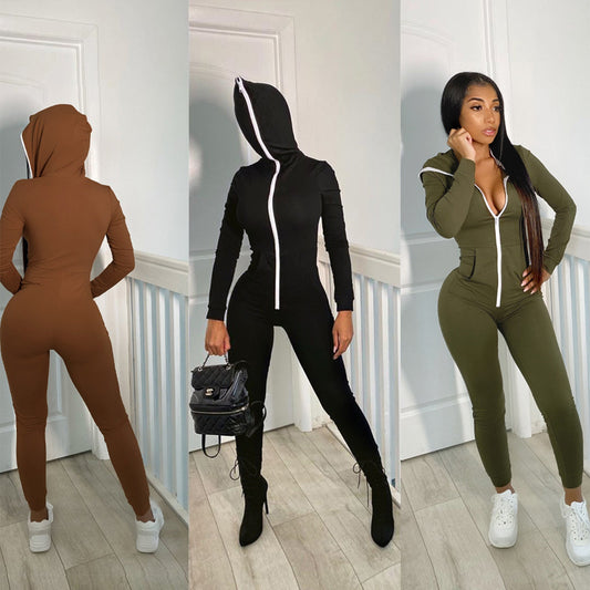 Pure Color Zipper Personality Hooded Sports Fitness Jumpsuit Enfom Clothing