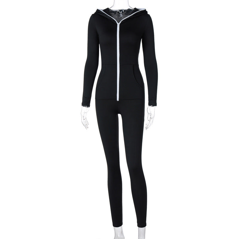 Pure Color Zipper Personality Hooded Sports Fitness Jumpsuit Enfom Clothing