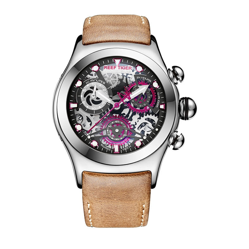 Reef Tiger/RT Mens Sport Watches with Chronograph Skeleton Dial Date Three Counters Steel Watch RGA792 Enfom Clothing