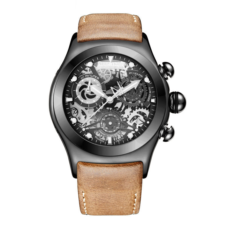 Reef Tiger/RT Mens Sport Watches with Chronograph Skeleton Dial Date Three Counters Steel Watch RGA792 Enfom Clothing