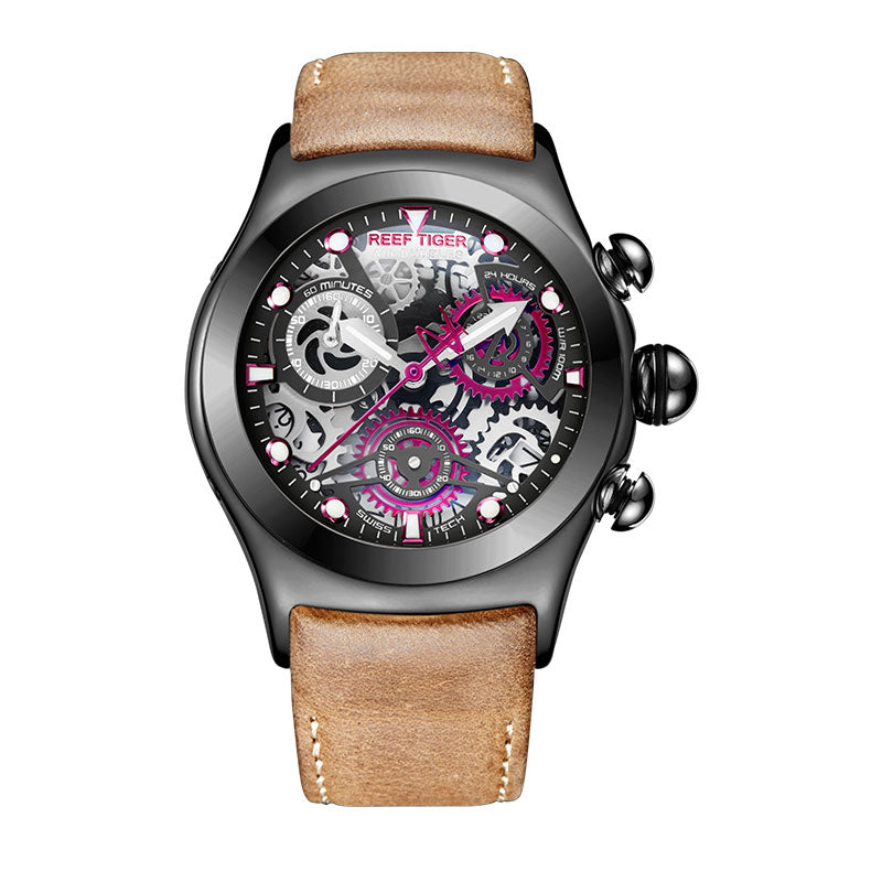 Reef Tiger/RT Mens Sport Watches with Chronograph Skeleton Dial Date Three Counters Steel Watch RGA792 Enfom Clothing