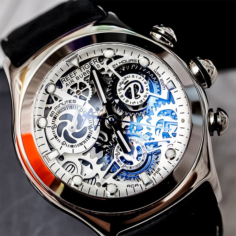 Reef Tiger/RT Mens Sport Watches with Chronograph Skeleton Dial Date Three Counters Steel Watch RGA792 Enfom Clothing