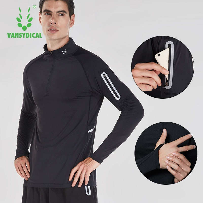 Running Shirt Men Zipper Pullover Madarin Collar Long Sleeve with Pocket Sports Active Wear for Gym Clothing Workout Shirt Male Enfom Clothing