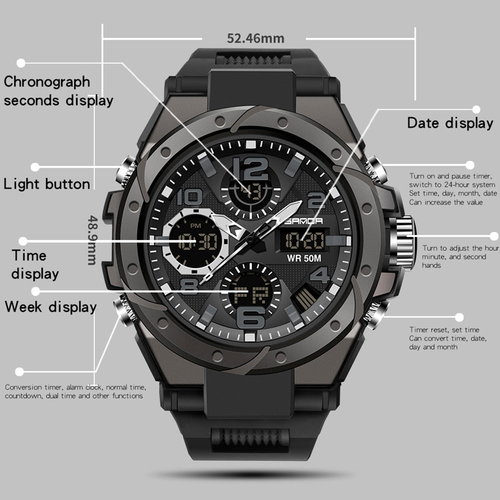 SANDA Brand Men&#39;s Watch Military Outdoor Sports Waterproof Watches Dual Display Quartz LED Digital Clock Relogio Masculino Enfom Clothing