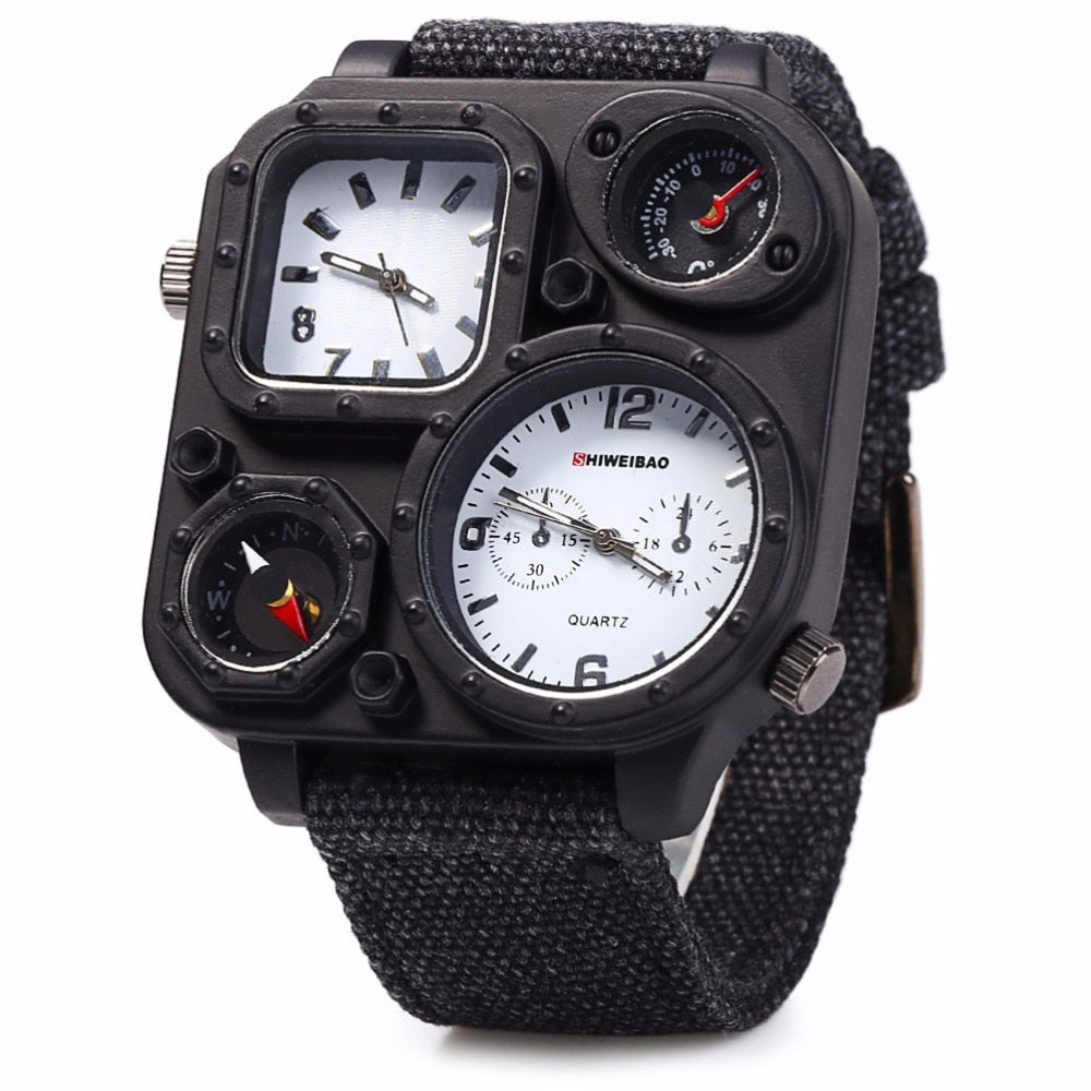 SHIWEIBAO J1169 Watches Men Big Dial Dual-Movement Sport Quartz Watch Men Military Compass Canvas Wristwatches Relogio Masculino Enfom Clothing