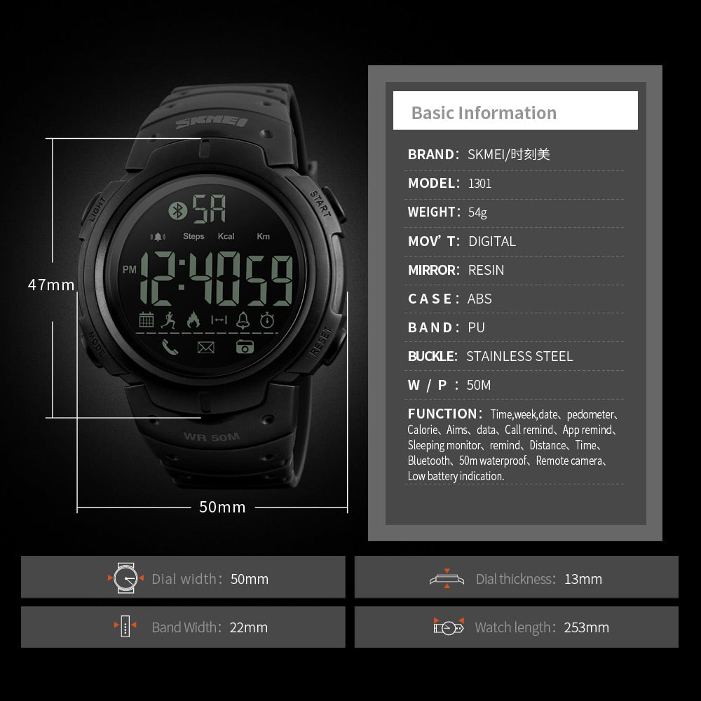 SKMEI Men Smartwatch Sport Digital Watches APP Remind Passometer Waterproof Smart Watch Bluetooth-compatible Reloj inteligente Enfom Clothing