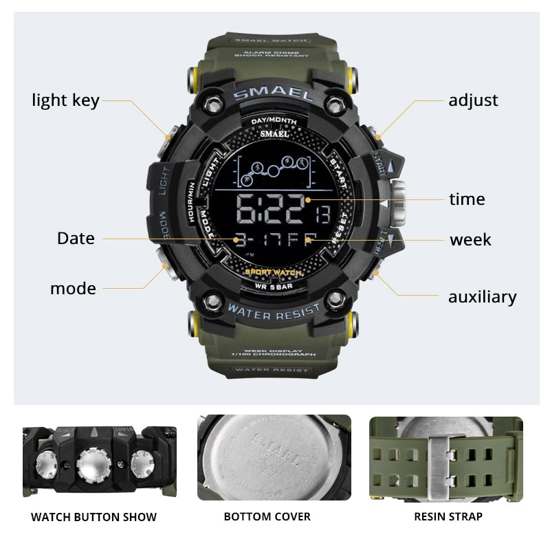 SMAEL Mens Watch Military Waterproof Sport WristWatch Digital Stopwatches for Men 1802 Military Electronic Watches Male Clock Enfom Clothing