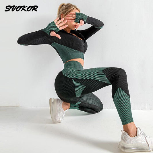 SVOKOR Gym Set Women Seamless Sports Clothing Long Sleeve Sportswear Yoga Bra High Waist Running Fitness Pants Workout Yoga Set Enfom Clothing