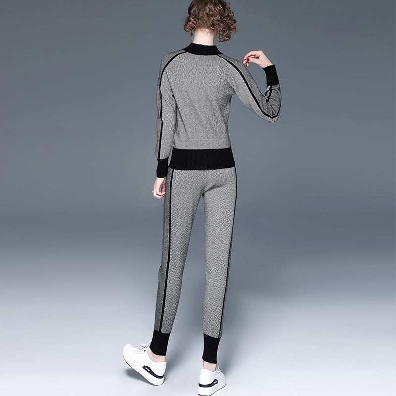 Sport Stripe Contrast Color Knitted Casual Pants Suit Enfom Clothing