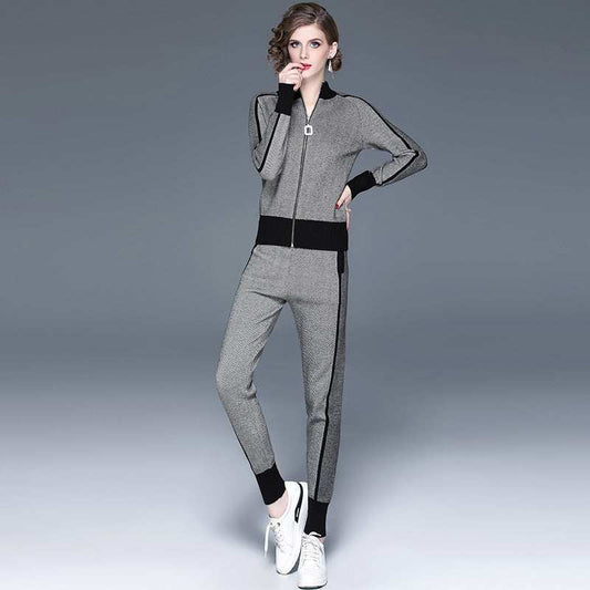 Sport Stripe Contrast Color Knitted Casual Pants Suit Enfom Clothing