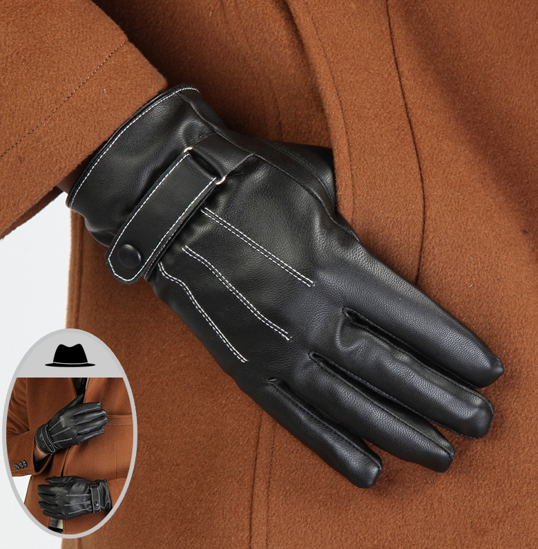 Winter plus velvet warm leather PU outdoor riding sports full touch screen three strips of leather gloves Enfom Clothing