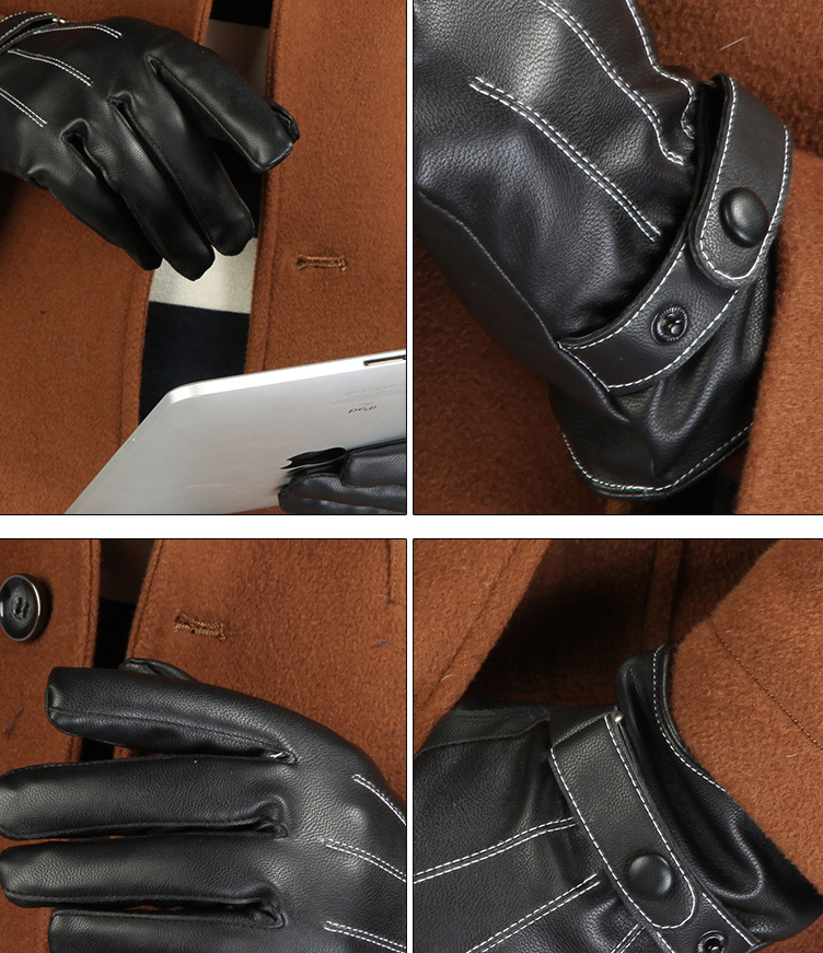 Winter plus velvet warm leather PU outdoor riding sports full touch screen three strips of leather gloves Enfom Clothing