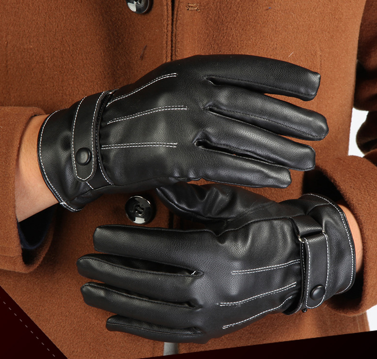 Winter plus velvet warm leather PU outdoor riding sports full touch screen three strips of leather gloves Enfom Clothing