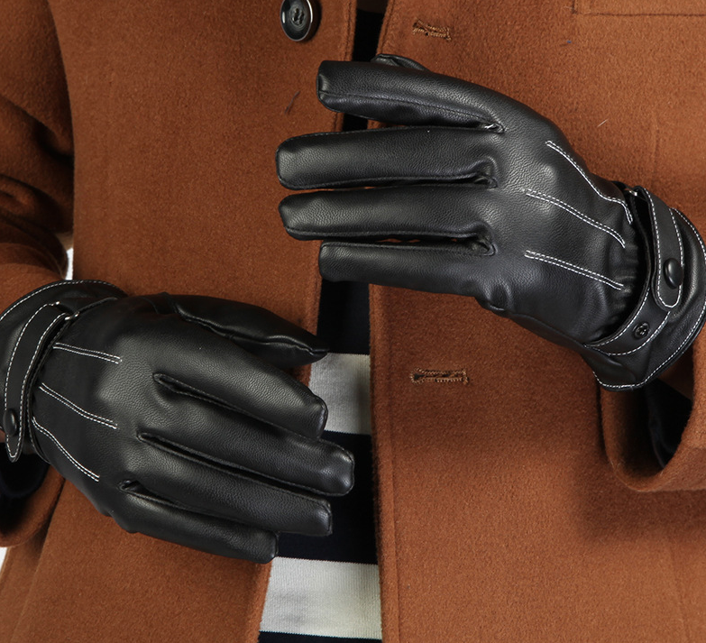 Winter plus velvet warm leather PU outdoor riding sports full touch screen three strips of leather gloves Enfom Clothing