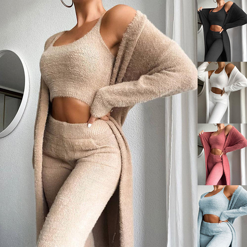 Women Fashion Solid Fluffy Plain Crop Top & Skinny Pants & Longline Coat Set Warm Cozy Suit Sets Enfom Clothing