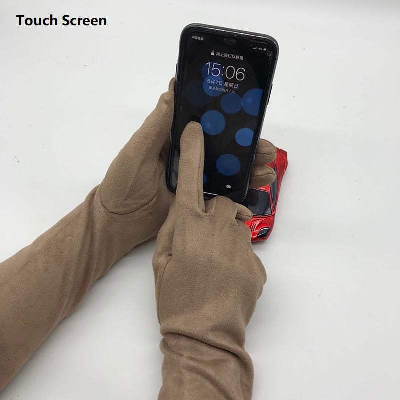 Women Gloves Winter Touch Screen 2021 New Long Style Suede Touch Screen Gloves Black Gray Composite Suede Fashion Enfom Clothing