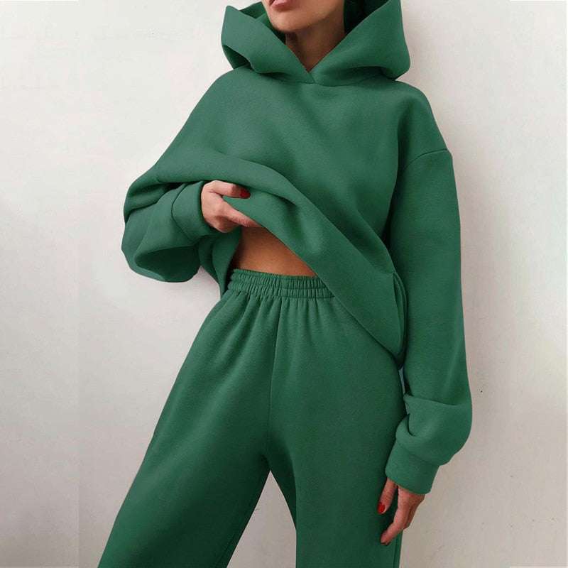 Women's Tracksuit Casual Solid Long Sleeve Hooded Sport Suits Autumn Warm Hoodie Sweatshirts and Long Pant Fleece Two Piece Sets Enfom Clothing