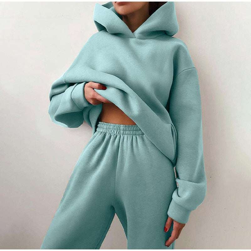 Women's Tracksuit Casual Solid Long Sleeve Hooded Sport Suits Autumn Warm Hoodie Sweatshirts and Long Pant Fleece Two Piece Sets Enfom Clothing