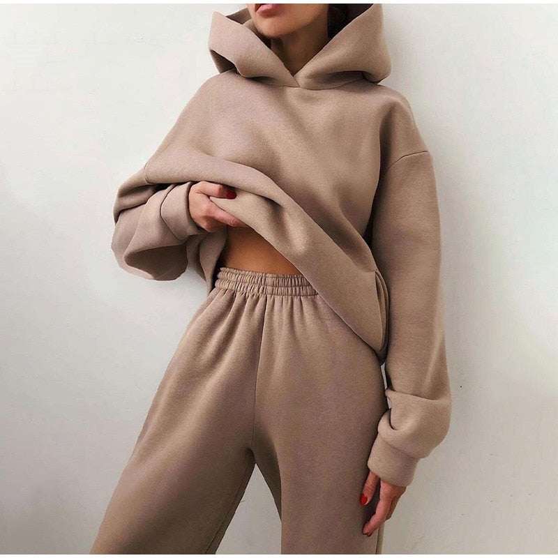 Women's Tracksuit Casual Solid Long Sleeve Hooded Sport Suits Autumn Warm Hoodie Sweatshirts and Long Pant Fleece Two Piece Sets Enfom Clothing