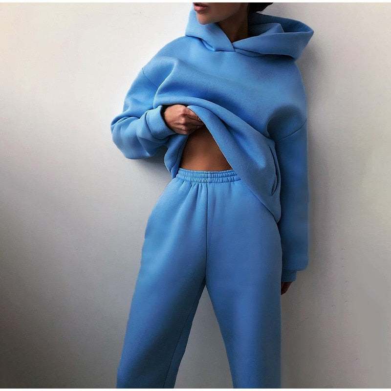 Women's Tracksuit Casual Solid Long Sleeve Hooded Sport Suits Autumn Warm Hoodie Sweatshirts and Long Pant Fleece Two Piece Sets Enfom Clothing