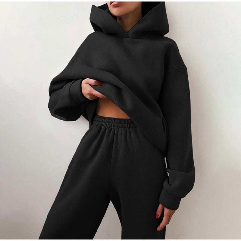 Women's Tracksuit Casual Solid Long Sleeve Hooded Sport Suits Autumn Warm Hoodie Sweatshirts and Long Pant Fleece Two Piece Sets Enfom Clothing