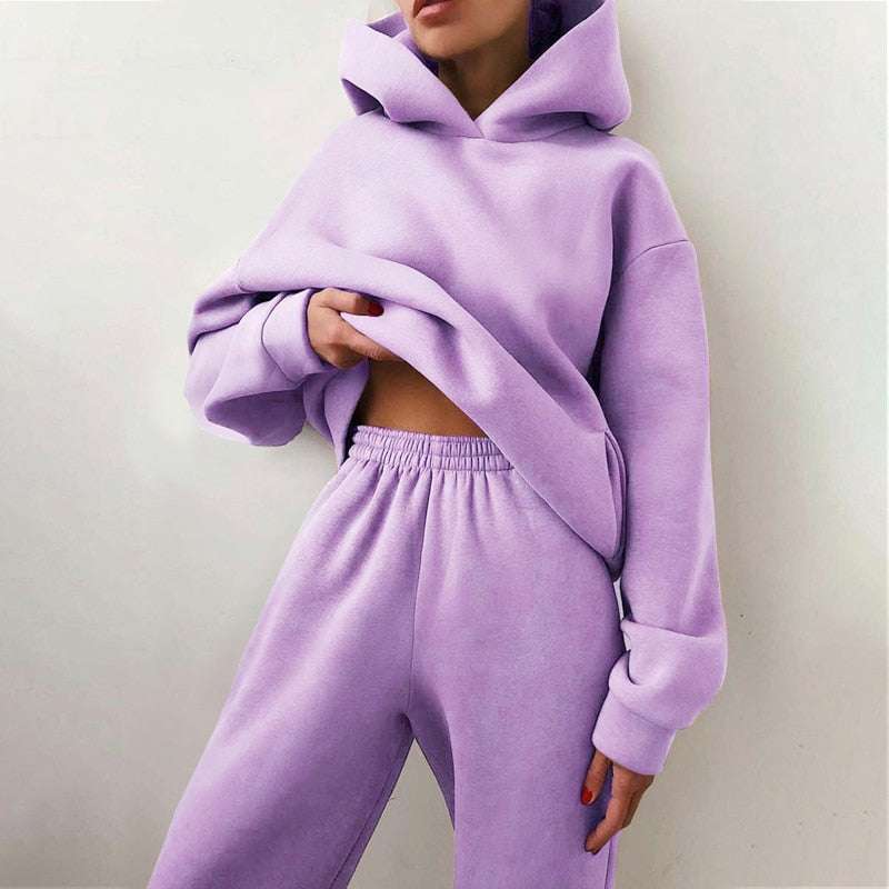 Women's Tracksuit Casual Solid Long Sleeve Hooded Sport Suits Autumn Warm Hoodie Sweatshirts and Long Pant Fleece Two Piece Sets Enfom Clothing