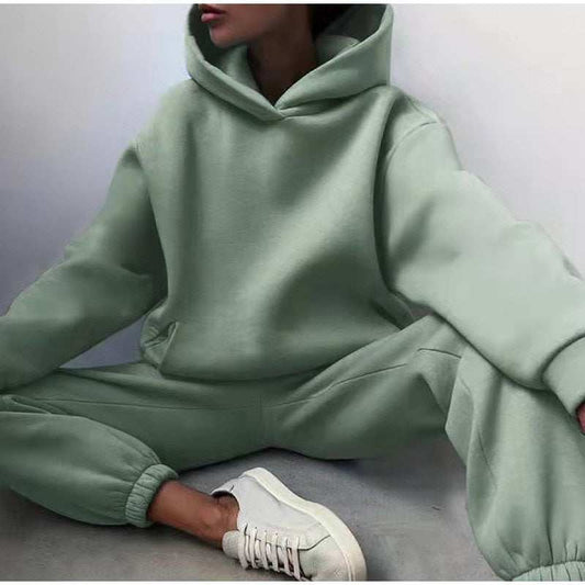 Women's Tracksuit Casual Solid Long Sleeve Hooded Sport Suits Autumn Warm Hoodie Sweatshirts and Long Pant Fleece Two Piece Sets Enfom Clothing