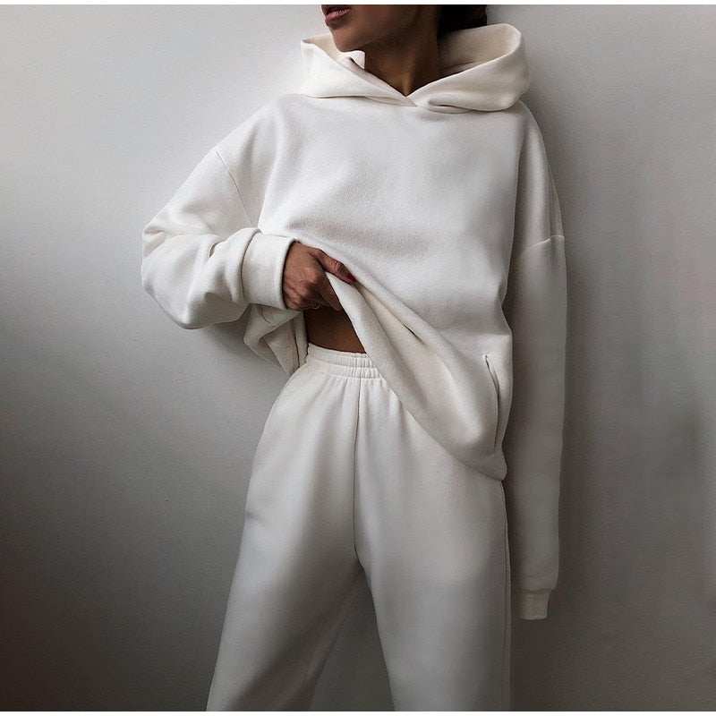 Women's Tracksuit Casual Solid Long Sleeve Hooded Sport Suits Autumn Warm Hoodie Sweatshirts and Long Pant Fleece Two Piece Sets Enfom Clothing