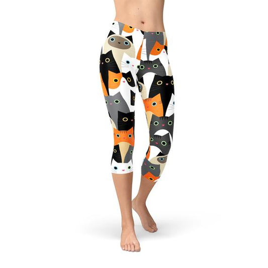 Womens All Over Print Cats Capri Leggings Enfom Clothing