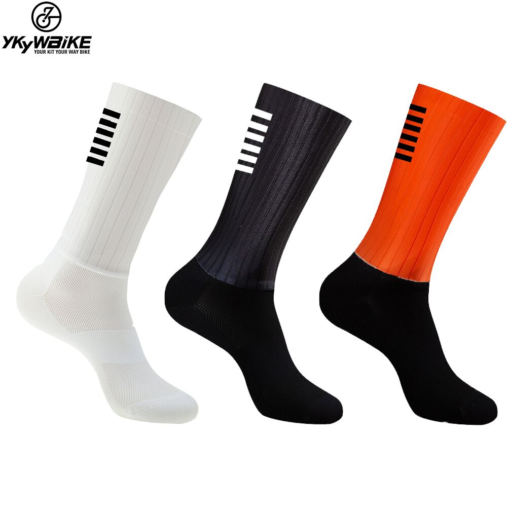 YKYWBIKE Anti Slip Silicone Aero Socks Whiteline Cycling Socks Men Bicycle Sport Running Bike Socks Enfom Clothing