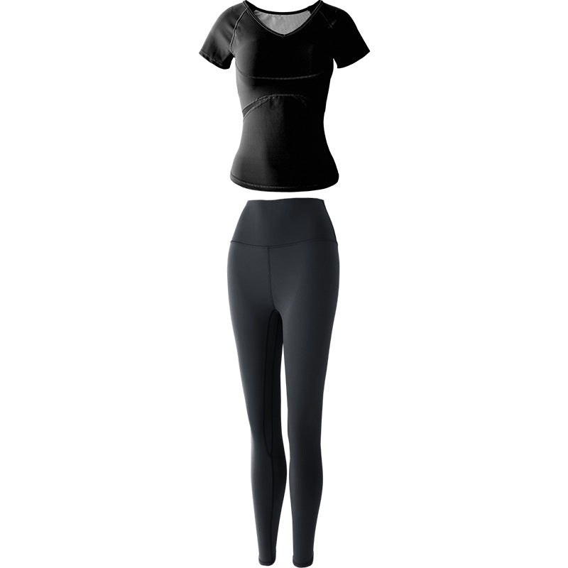 Yoga Suit Women's Temperament Gym Running Sports Tight Mesh Short-sleeved Hip-lifting Trousers Enfom Clothing