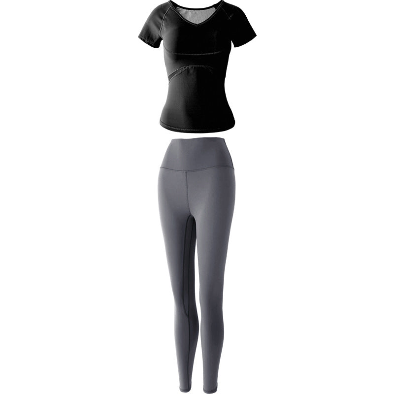 Yoga Suit Women's Temperament Gym Running Sports Tight Mesh Short-sleeved Hip-lifting Trousers Enfom Clothing