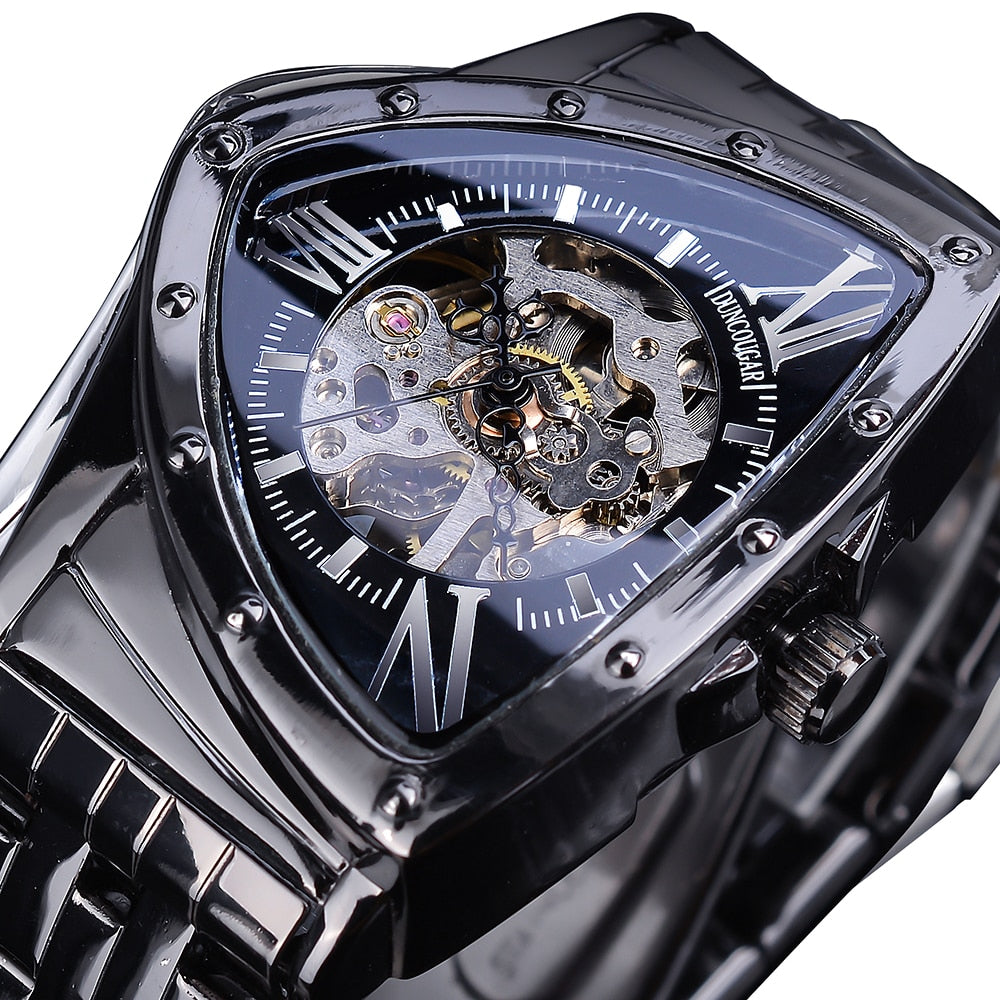 DUNCOUGAR Triangle Skeleton Black Automatic Watch Stainless Steel Men Business Sport Irregular Mechanical Wristwatch Enfom Clothing