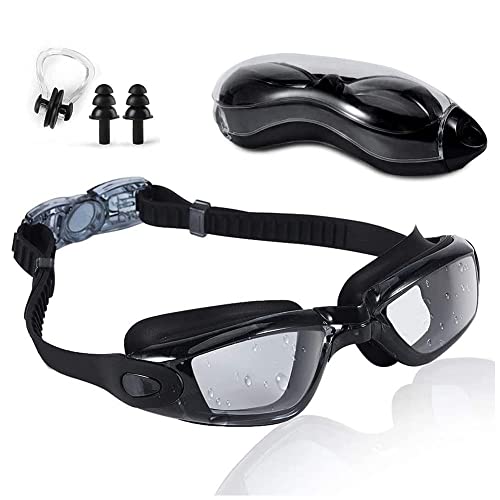 FUNDASTIC, Swim Goggles Swimming Goggles No Leaking Anti Fog UV Protection Triathlon with Nose Clips + Ear Plugs,Swim Goggles for Women Men Adult Youth (Black) Enfom Clothing