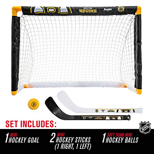 Franklin Sports Boston Bruins Mini Hockey Set - Knee Hockey Goal, Ball, & 2 Hockey Stick Combo Set - Mini Goal Net - NHL Official Hockey Set, 28" x 20" x 12" Enfom Clothing