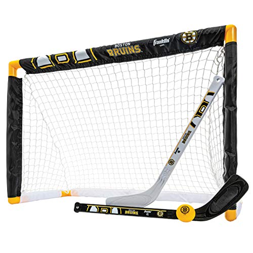 Franklin Sports Boston Bruins Mini Hockey Set - Knee Hockey Goal, Ball, & 2 Hockey Stick Combo Set - Mini Goal Net - NHL Official Hockey Set, 28" x 20" x 12" Enfom Clothing