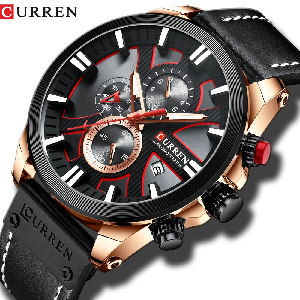 Luxury Mens Watches Fashion Chronograph Sport Quartz Wristwatch CURREN Leather Strap Watch With Date Reloj Hombre Luminous Hands Enfom Clothing