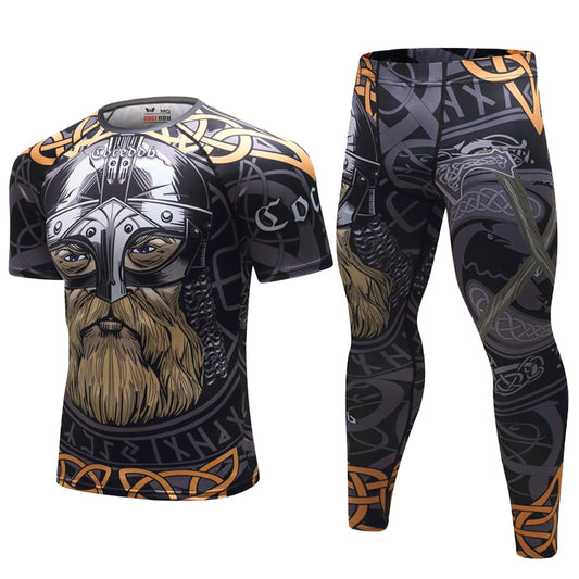 Men&#39;s Viking Print Training Set Men Running Sets Compression Quick Dry Sports Suits Skinny Tights Clothes Gym Fitness Sportswear Enfom Clothing