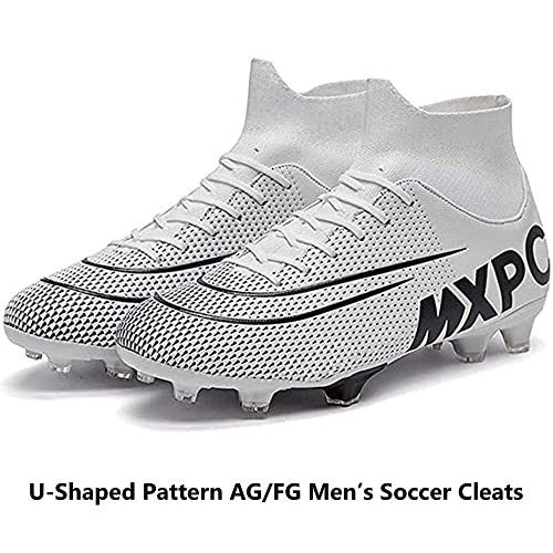 Men's Soccer Cleats Football Boots with High-Tops Non-Slip Spikes Firm Ground Turf Exercise Training Lacrosse Shoes White EU 44 US 9.5 Enfom Clothing