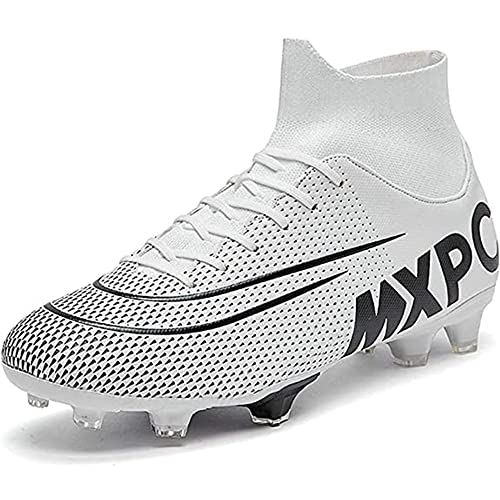 Men's Soccer Cleats Football Boots with High-Tops Non-Slip Spikes Firm Ground Turf Exercise Training Lacrosse Shoes White EU 44 US 9.5 Enfom Clothing