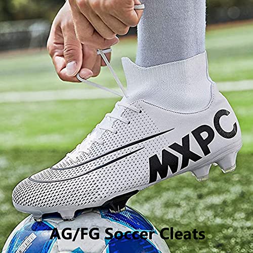 Men's Soccer Cleats Football Boots with High-Tops Non-Slip Spikes Firm Ground Turf Exercise Training Lacrosse Shoes White EU 44 US 9.5 Enfom Clothing