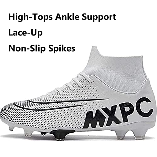 Men's Soccer Cleats Football Boots with High-Tops Non-Slip Spikes Firm Ground Turf Exercise Training Lacrosse Shoes White EU 44 US 9.5 Enfom Clothing