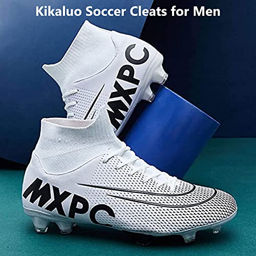 Men's Soccer Cleats Football Boots with High-Tops Non-Slip Spikes Firm Ground Turf Exercise Training Lacrosse Shoes White EU 44 US 9.5 Enfom Clothing