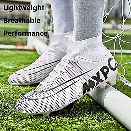 Men's Soccer Cleats Football Boots with High-Tops Non-Slip Spikes Firm Ground Turf Exercise Training Lacrosse Shoes White EU 44 US 9.5 Enfom Clothing