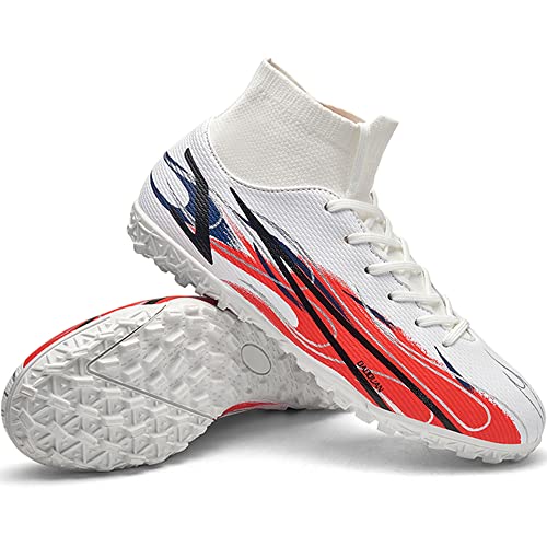 Men's Soccer Cleats Football Shoes Indoor TF Turf Sports Lacrosse Boots High-Tops Lace-Up Non-Slip Spikes Sneaker White EU 42 Enfom Clothing