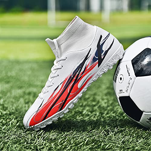 Men's Soccer Cleats Football Shoes Indoor TF Turf Sports Lacrosse Boots High-Tops Lace-Up Non-Slip Spikes Sneaker White EU 42 Enfom Clothing