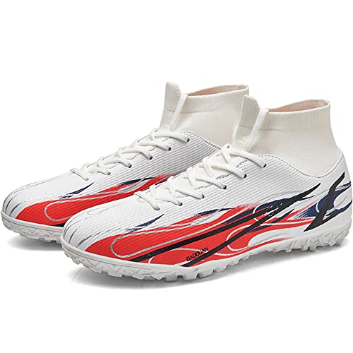 Men's Soccer Cleats Football Shoes Indoor TF Turf Sports Lacrosse Boots High-Tops Lace-Up Non-Slip Spikes Sneaker White EU 42 Enfom Clothing